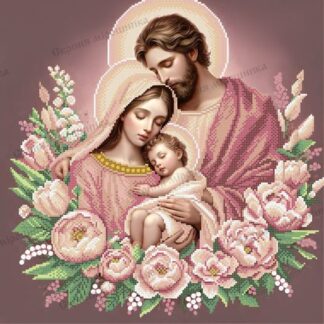 “La Santa Famiglia in fiori rosa”. Schema ricamo a perline